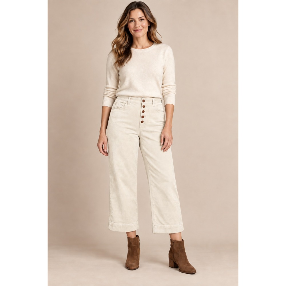 CAbi 4513 Womens Size 12 Ivory Corduroy Cropped Wide Leg Jeans Button Fly Mid Ri
